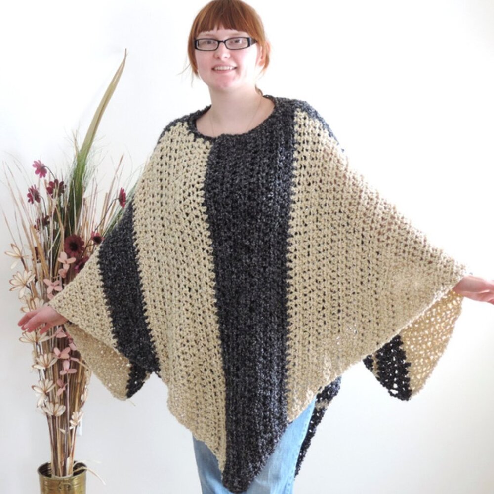 Contemporary Crochet Poncho Black & Tan Color Block Handmade One Size OOAK